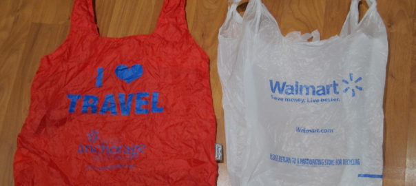 reusable bag next to a Walmart bag