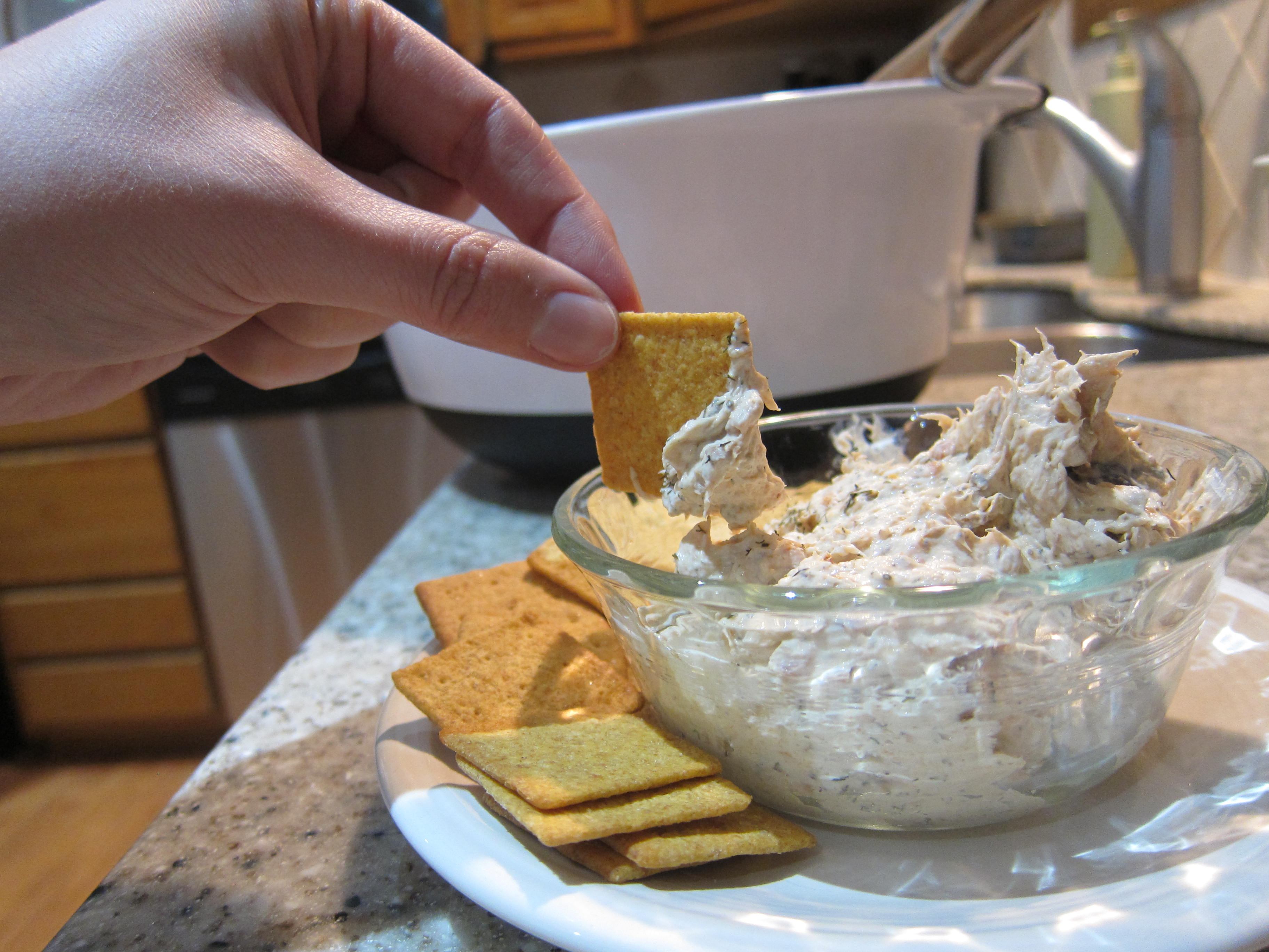 dipping cracker in salmon dip